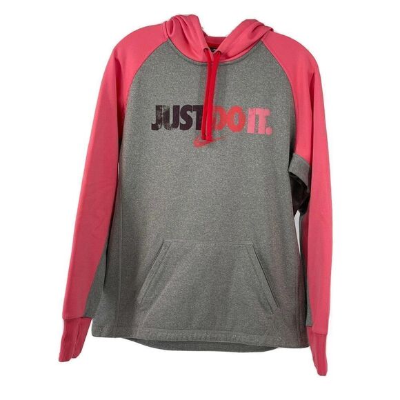 Nike Therma Fit Hoodie Pink Gray Just Do It Womens Size M Pullover Fleece Lined - Picture 1 of 8